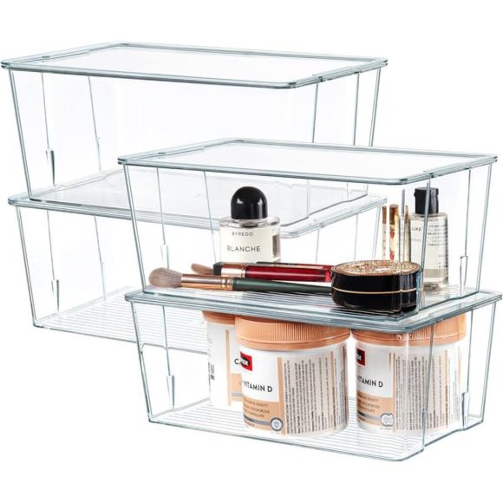Clear Plastic Storage Organizer Bins with Acrylic Lids for Home Office, Kitchen